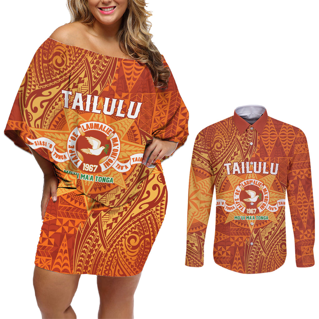 Personalised Tonga Tailulu College Couples Matching Off Shoulder Short Dress and Long Sleeve Button Shirt Since 1967 Special Kupesi Pattern Version 1 LT9 Gold - Polynesian Pride