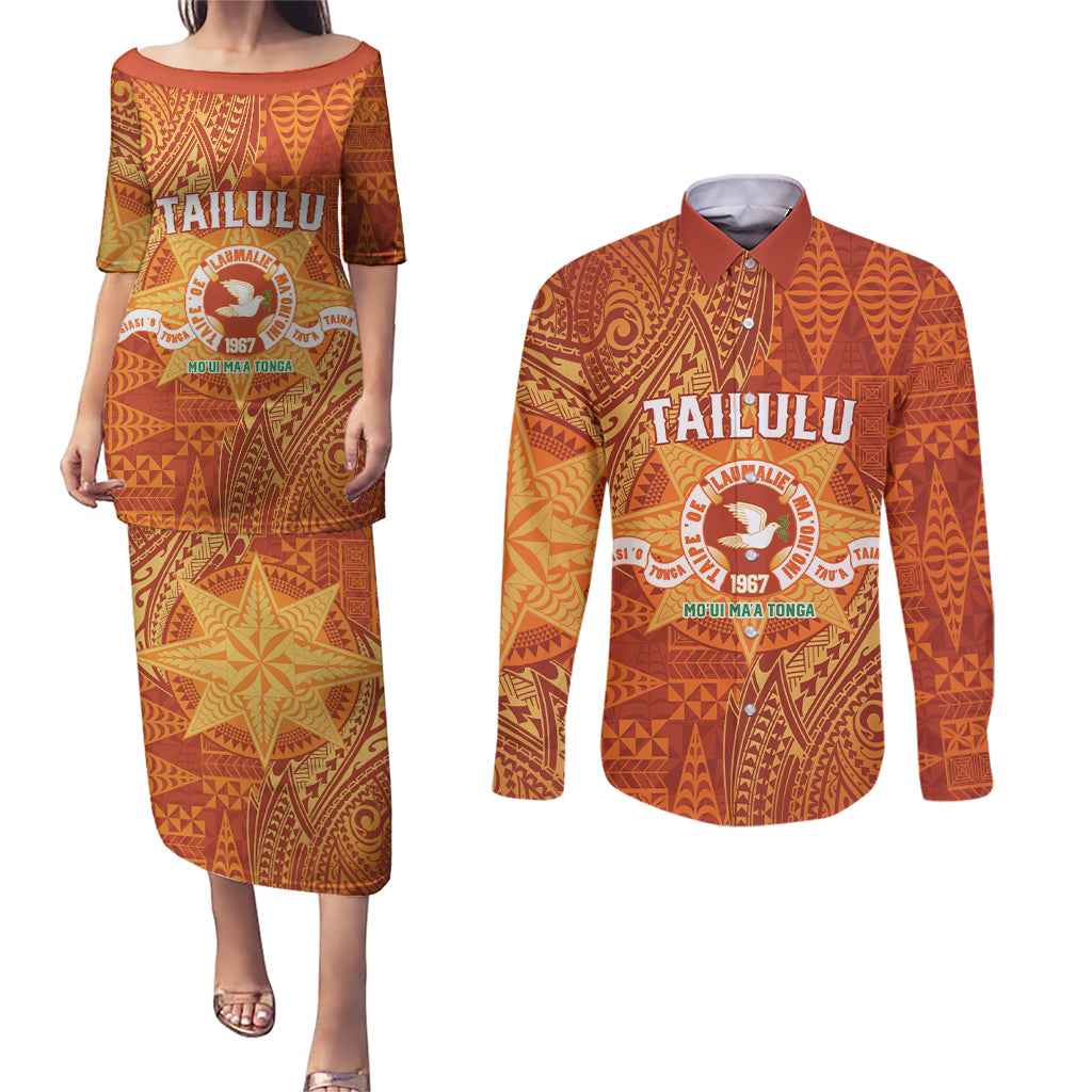 Personalised Tonga Tailulu College Couples Matching Puletasi and Long Sleeve Button Shirt Since 1967 Special Kupesi Pattern Version 1 LT9 Gold - Polynesian Pride