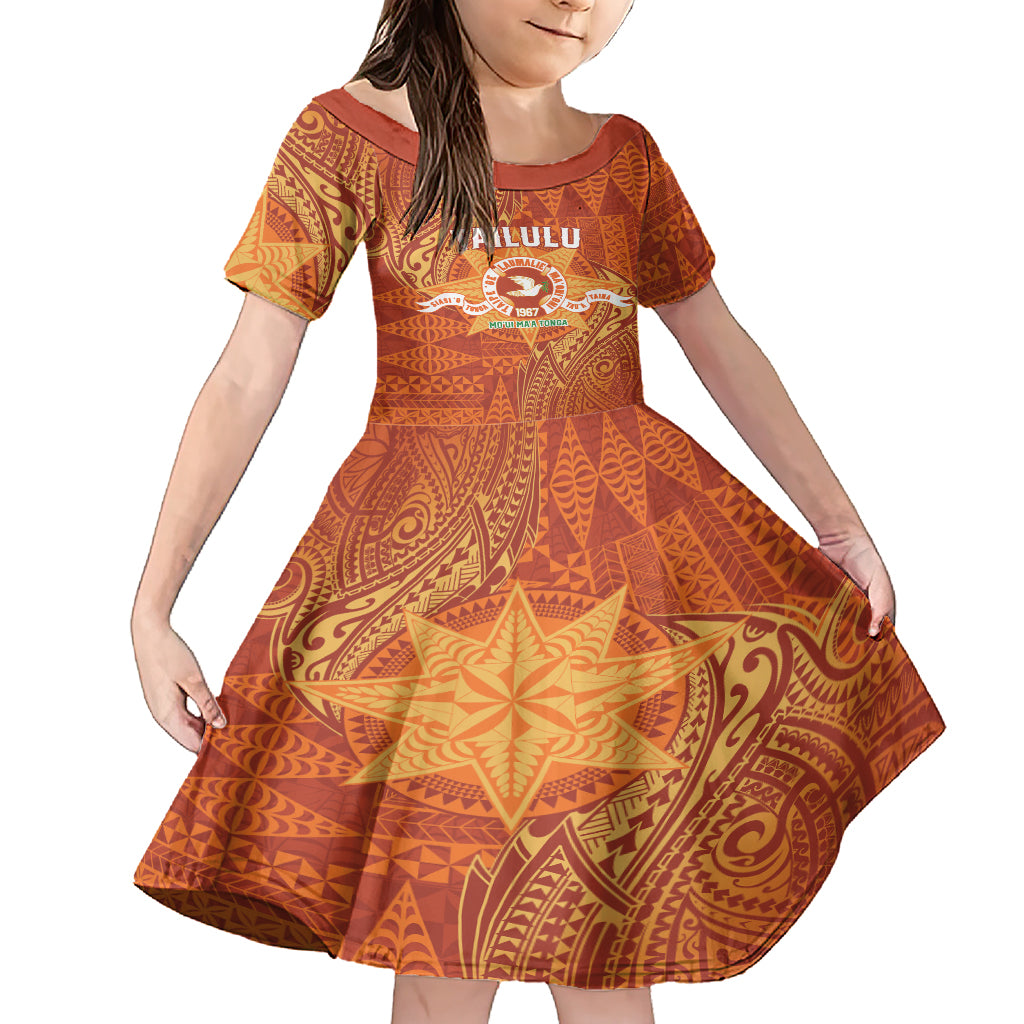 Personalised Tonga Tailulu College Family Matching Short Sleeve Bodycon Dress and Hawaiian Shirt Since 1967 Special Kupesi Pattern Version 1 LT9 Daughter's Dress Gold - Polynesian Pride