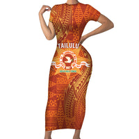 Personalised Tonga Tailulu College Short Sleeve Bodycon Dress Since 1967 Special Kupesi Pattern Version 1 LT9 Long Dress Gold - Polynesian Pride
