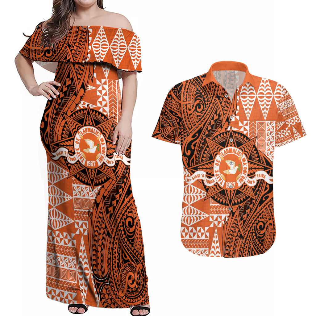 Personalised Tonga Tailulu College Couples Matching Off Shoulder Maxi Dress and Hawaiian Shirt Since 1967 Special Kupesi Pattern Version 2 LT9 Black - Polynesian Pride