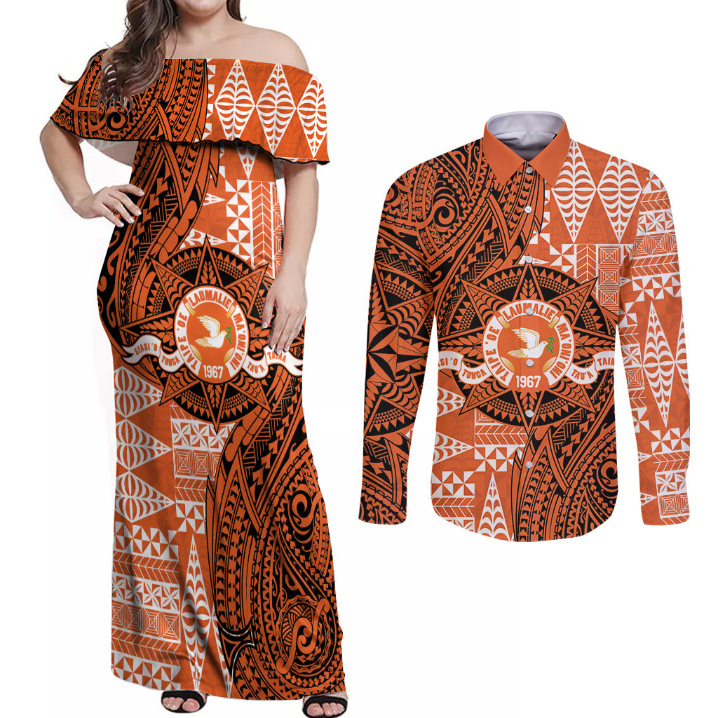 Personalised Tonga Tailulu College Couples Matching Off Shoulder Maxi Dress and Long Sleeve Button Shirt Since 1967 Special Kupesi Pattern Version 2 LT9 Black - Polynesian Pride