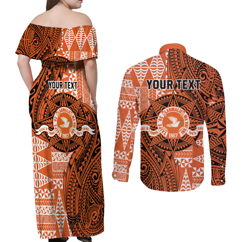 Personalised Tonga Tailulu College Couples Matching Off Shoulder Maxi Dress and Long Sleeve Button Shirt Since 1967 Special Kupesi Pattern Version 2 LT9 - Polynesian Pride