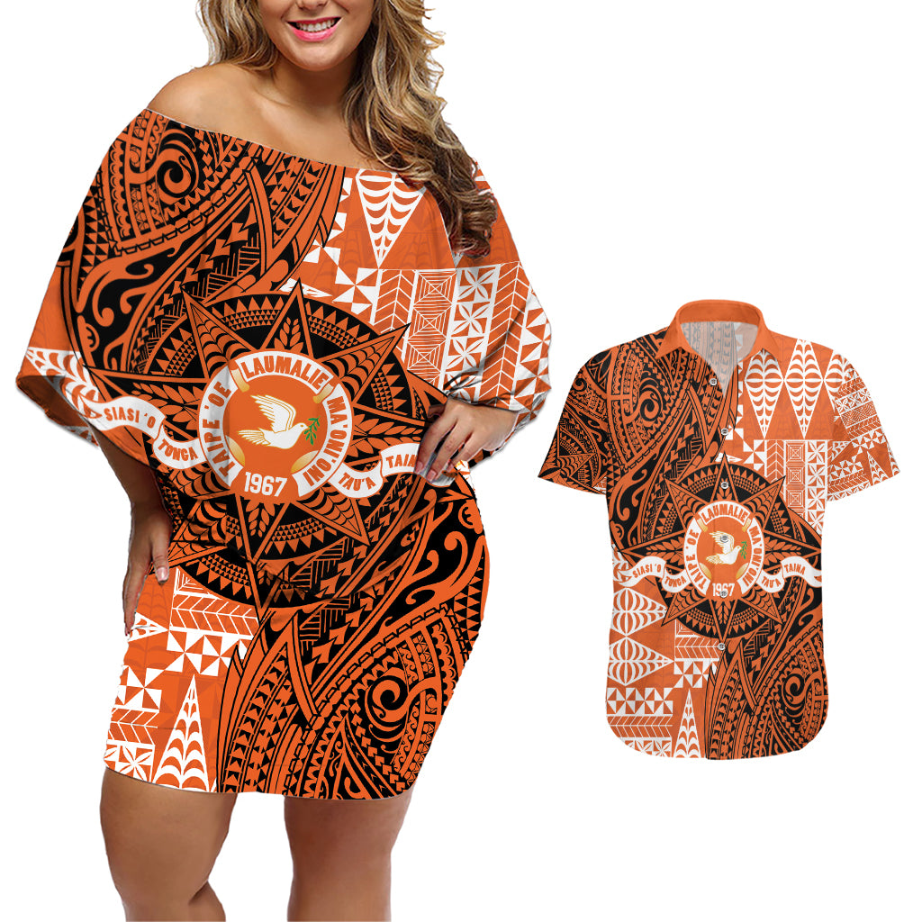 Personalised Tonga Tailulu College Couples Matching Off Shoulder Short Dress and Hawaiian Shirt Since 1967 Special Kupesi Pattern Version 2 LT9 Black - Polynesian Pride