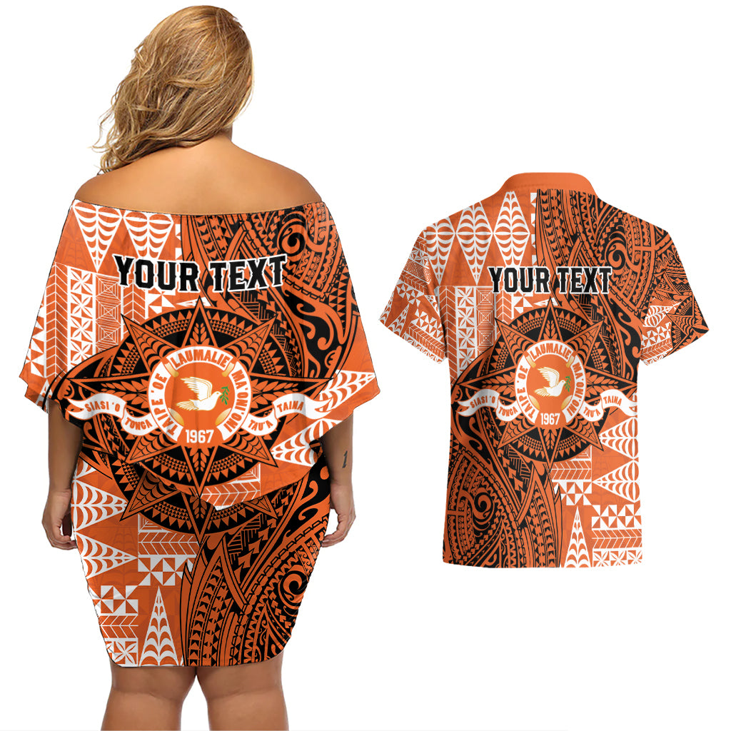 Personalised Tonga Tailulu College Couples Matching Off Shoulder Short Dress and Hawaiian Shirt Since 1967 Special Kupesi Pattern Version 2 LT9 - Polynesian Pride