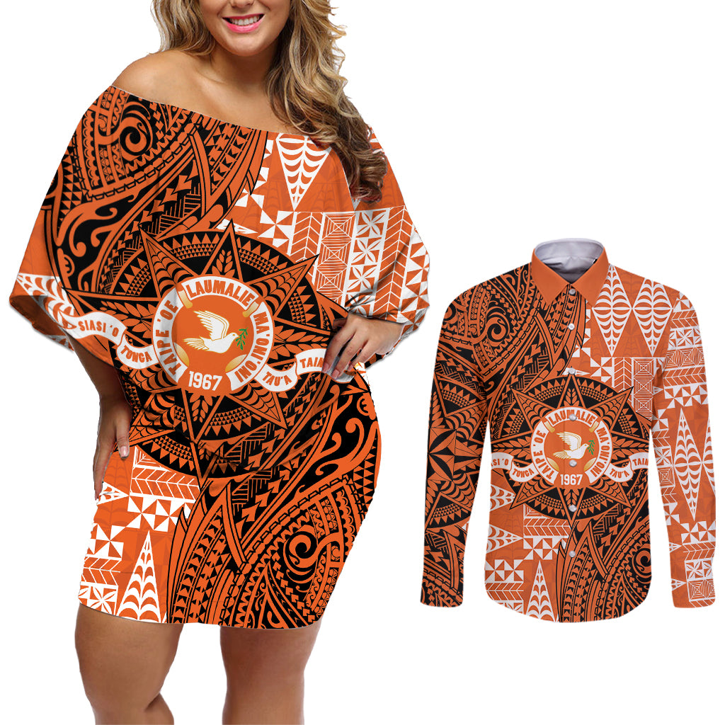 Personalised Tonga Tailulu College Couples Matching Off Shoulder Short Dress and Long Sleeve Button Shirt Since 1967 Special Kupesi Pattern Version 2 LT9 Black - Polynesian Pride