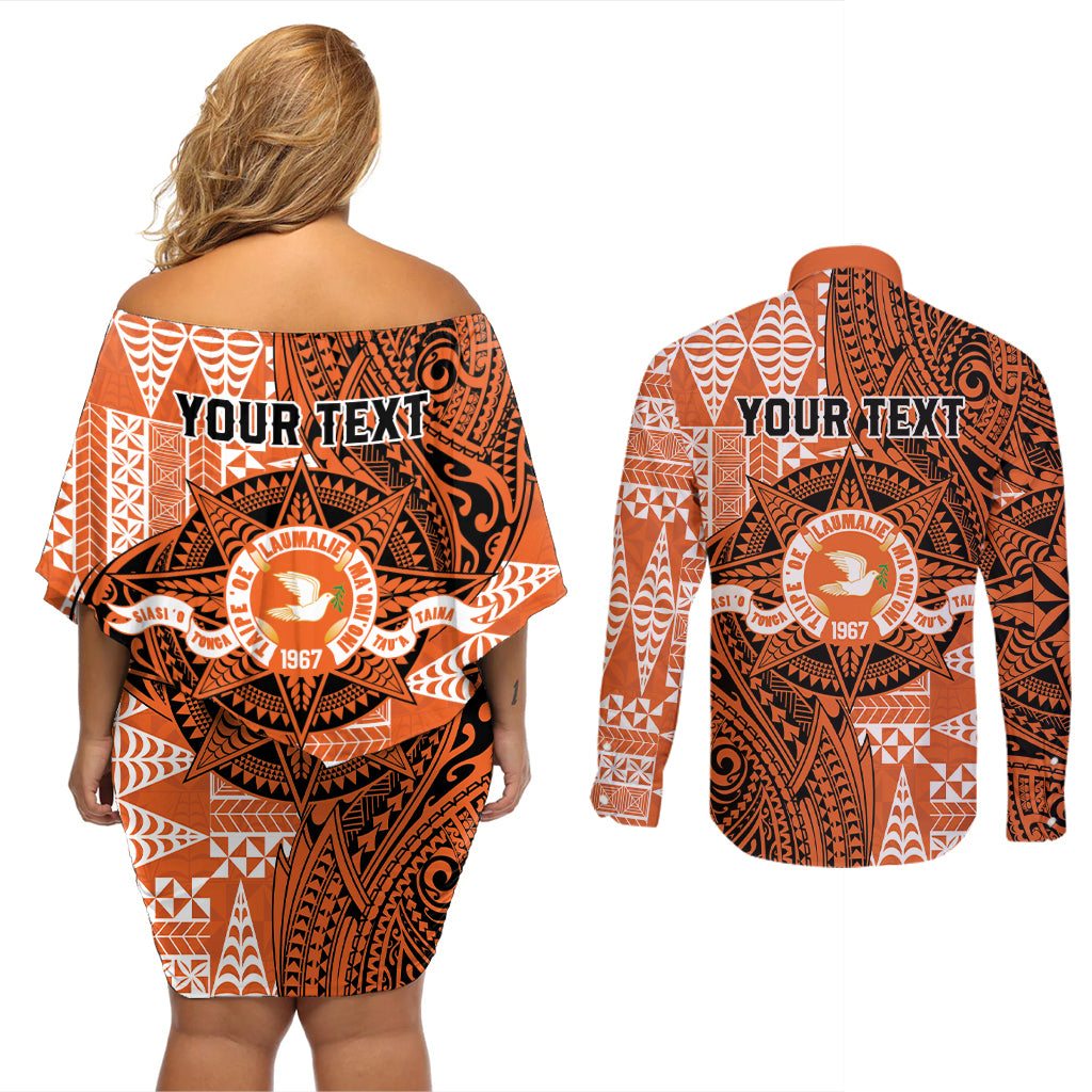 Personalised Tonga Tailulu College Couples Matching Off Shoulder Short Dress and Long Sleeve Button Shirt Since 1967 Special Kupesi Pattern Version 2 LT9 - Polynesian Pride