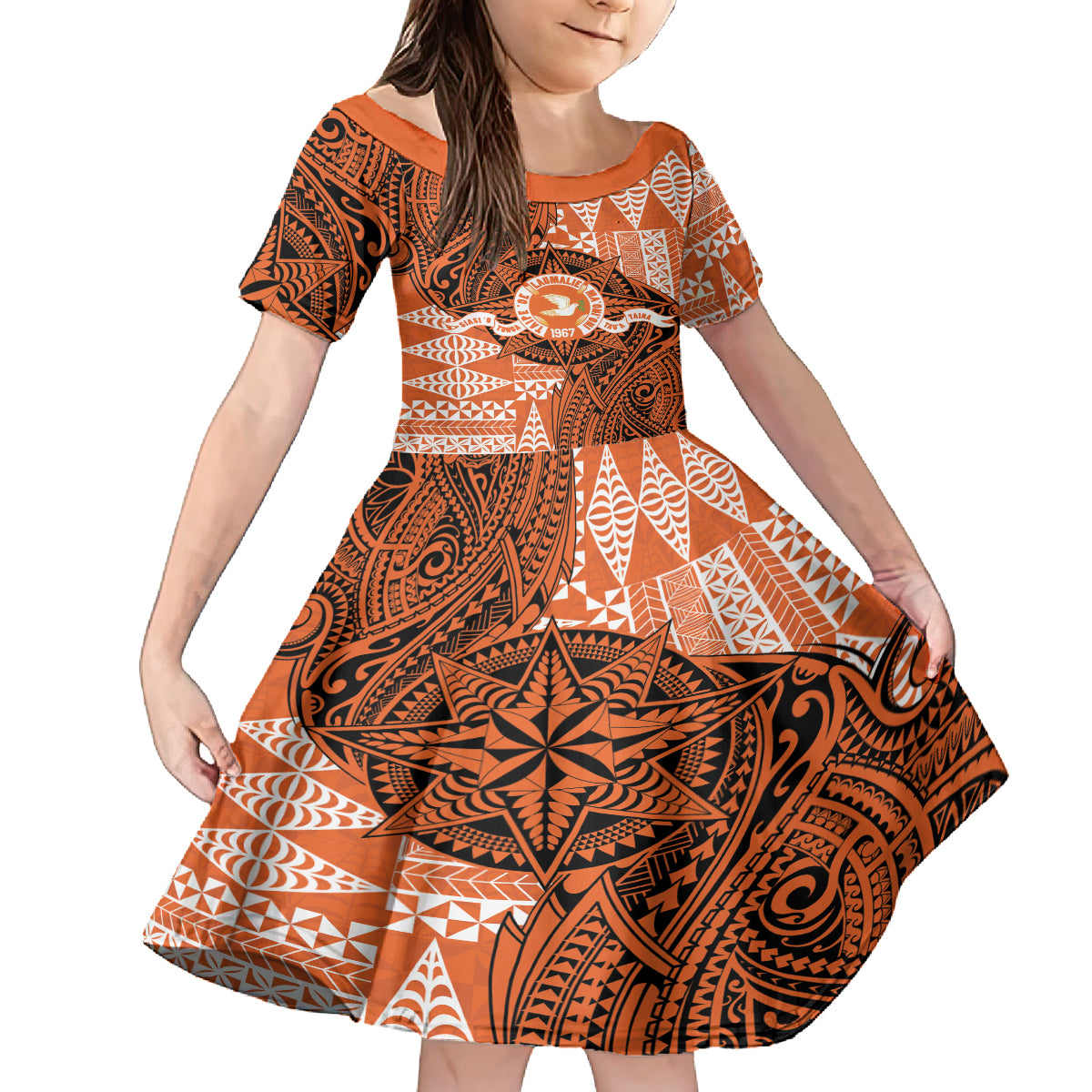 Personalised Tonga Tailulu College Family Matching Off The Shoulder Long Sleeve Dress and Hawaiian Shirt Since 1967 Special Kupesi Pattern Version 2 LT9 Daughter's Dress Black - Polynesian Pride