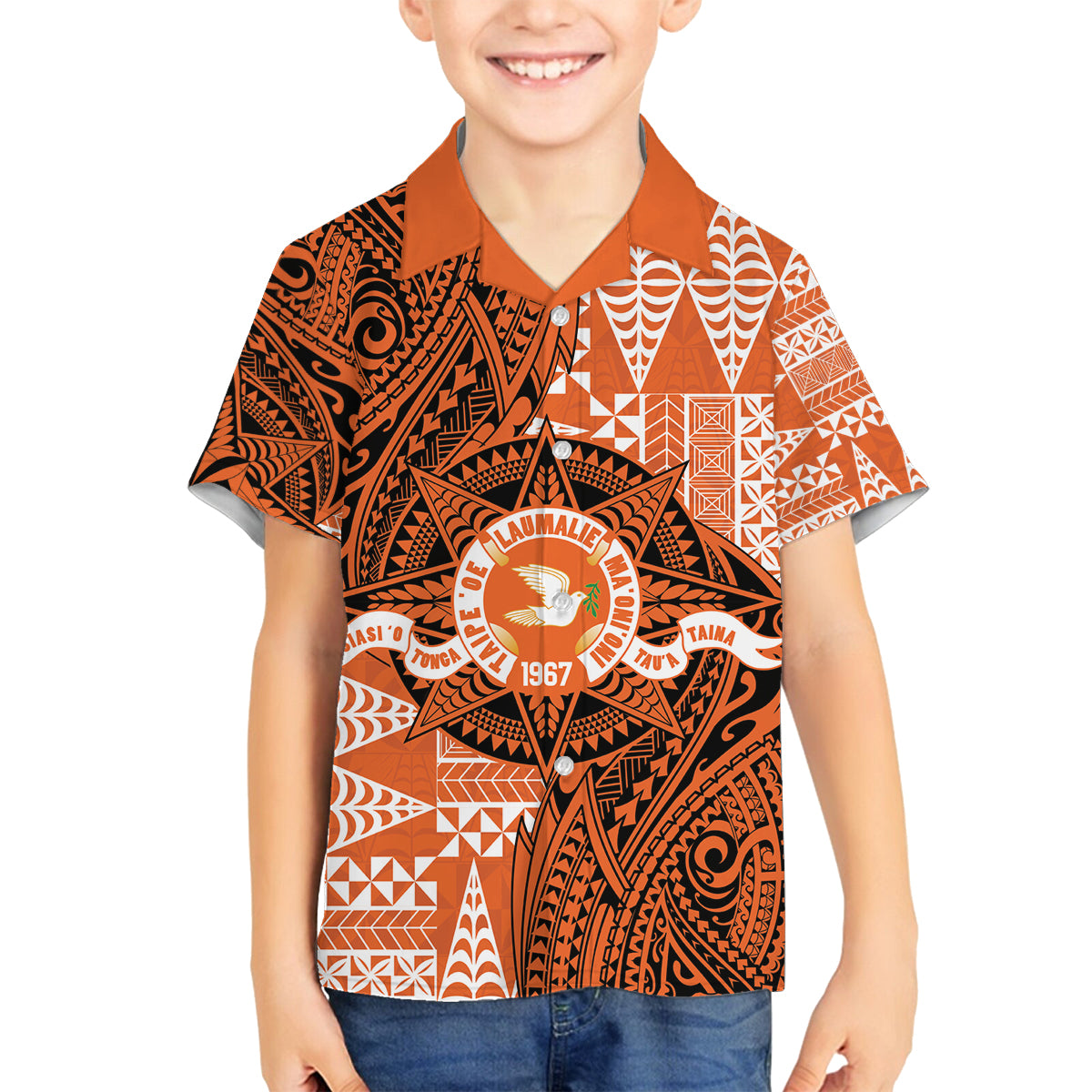 Personalised Tonga Tailulu College Family Matching Off The Shoulder Long Sleeve Dress and Hawaiian Shirt Since 1967 Special Kupesi Pattern Version 2 LT9 Son's Shirt Black - Polynesian Pride