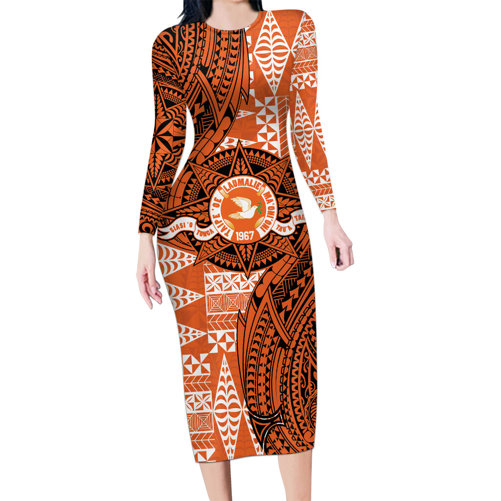 Personalised Tonga Tailulu College Long Sleeve Bodycon Dress Since 1967 Special Kupesi Pattern Version 2 LT9 Long Dress Black - Polynesian Pride