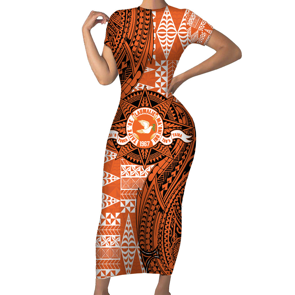 Personalised Tonga Tailulu College Short Sleeve Bodycon Dress Since 1967 Special Kupesi Pattern Version 2 LT9 Long Dress Black - Polynesian Pride