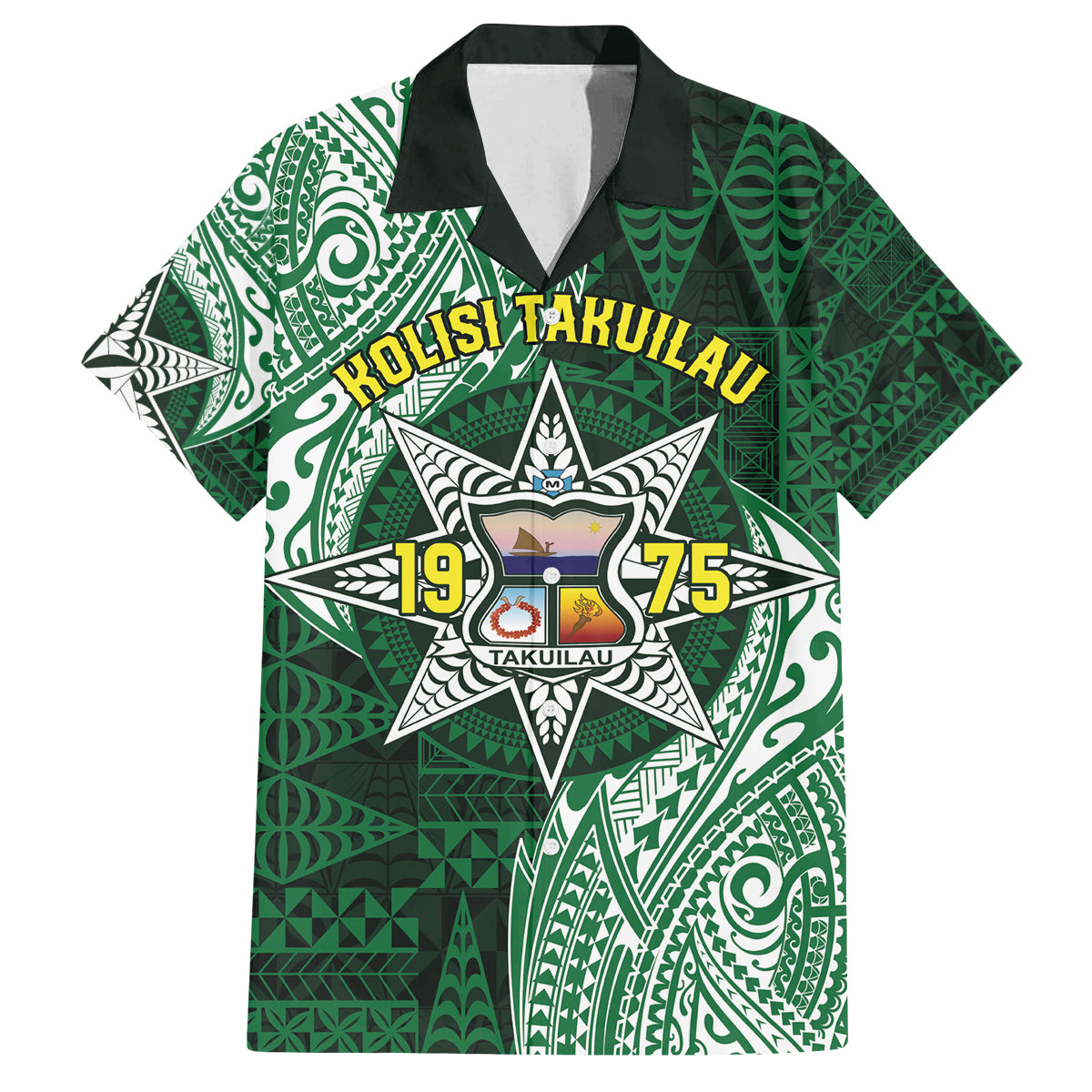 Personalised Tonga Takuilau College Family Matching Off The Shoulder Long Sleeve Dress and Hawaiian Shirt Since 1975 Special Kupesi Pattern LT9 Dad's Shirt - Short Sleeve Green - Polynesian Pride