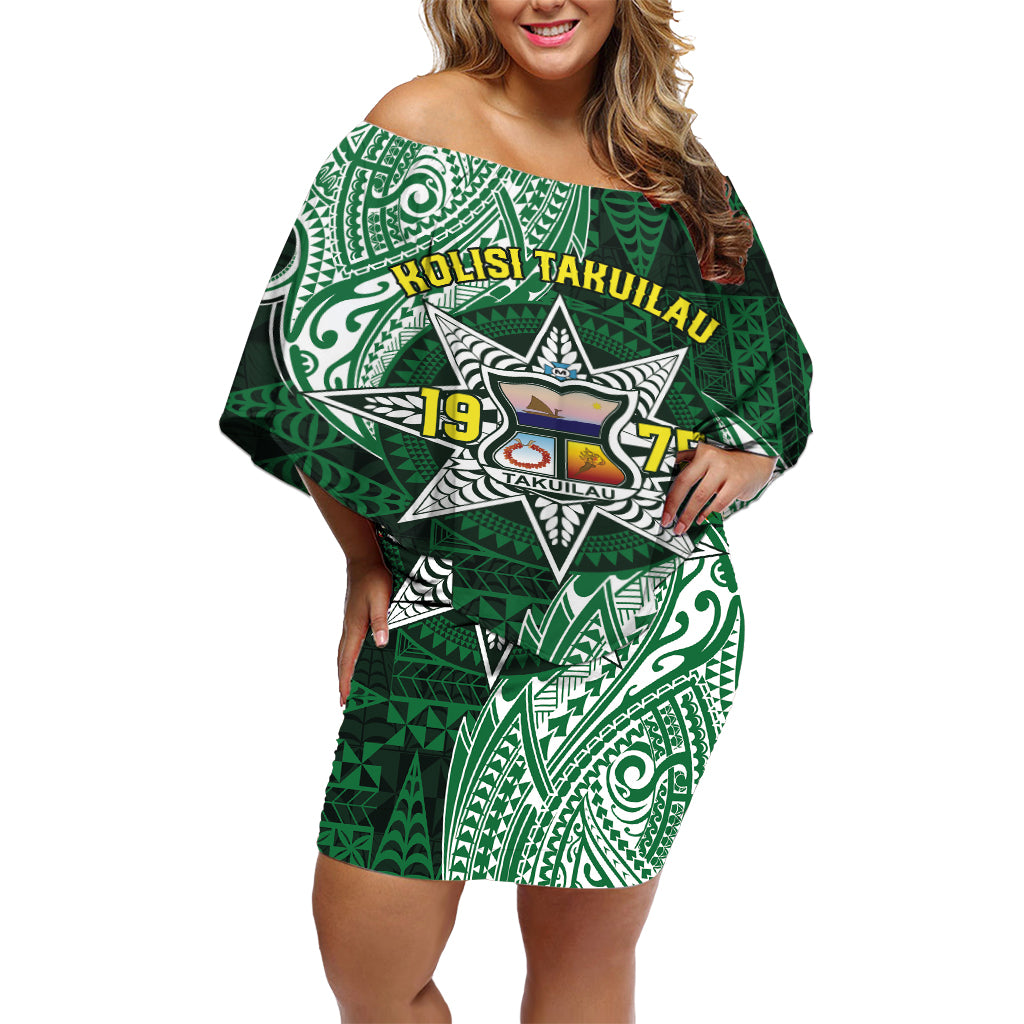 Personalised Tonga Takuilau College Off Shoulder Short Dress Since 1975 Special Kupesi Pattern LT9 Women Green - Polynesian Pride