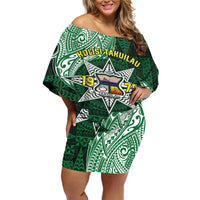 Personalised Tonga Takuilau College Off Shoulder Short Dress Since 1975 Special Kupesi Pattern LT9 Women Green - Polynesian Pride