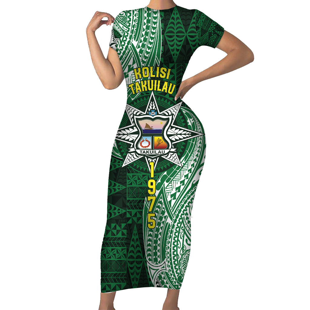 Personalised Tonga Takuilau College Short Sleeve Bodycon Dress Since 1975 Special Kupesi Pattern LT9 Long Dress Green - Polynesian Pride