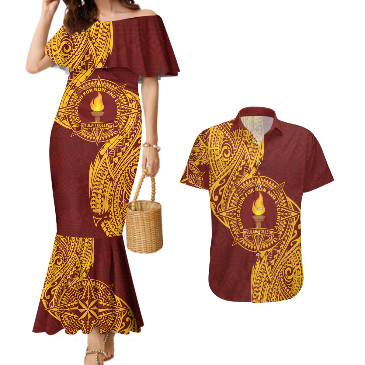 Personalised Tonga Beulah College Couples Matching Mermaid Dress and Hawaiian Shirt Since 1938 Special Kupesi Pattern LT9 Gold - Polynesian Pride