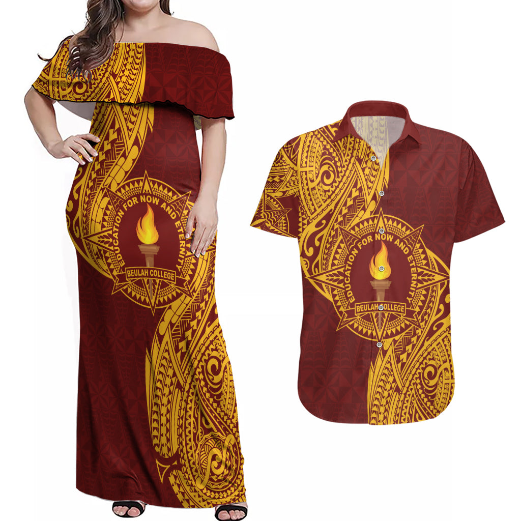 Personalised Tonga Beulah College Couples Matching Off Shoulder Maxi Dress and Hawaiian Shirt Since 1938 Special Kupesi Pattern LT9 Gold - Polynesian Pride