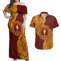 Personalised Tonga Beulah College Couples Matching Off Shoulder Maxi Dress and Hawaiian Shirt Since 1938 Special Kupesi Pattern LT9 Gold - Polynesian Pride