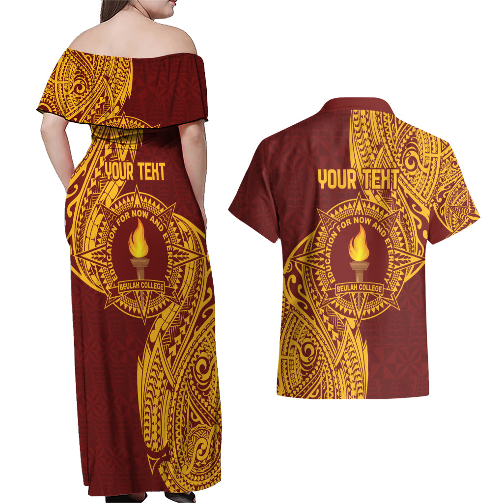 Personalised Tonga Beulah College Couples Matching Off Shoulder Maxi Dress and Hawaiian Shirt Since 1938 Special Kupesi Pattern LT9 - Polynesian Pride