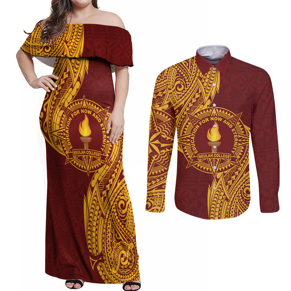 Personalised Tonga Beulah College Couples Matching Off Shoulder Maxi Dress and Long Sleeve Button Shirt Since 1938 Special Kupesi Pattern LT9 Gold - Polynesian Pride