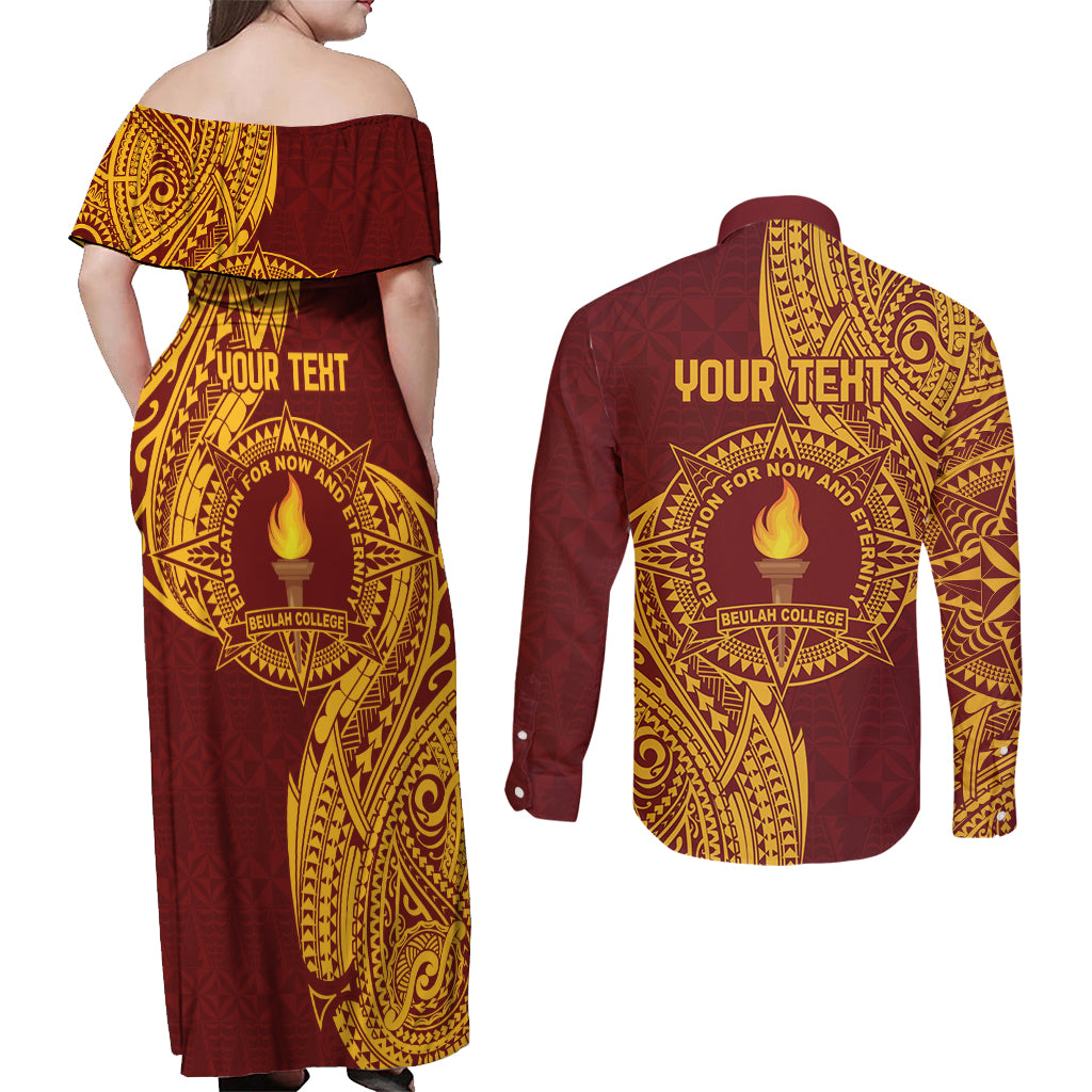 Personalised Tonga Beulah College Couples Matching Off Shoulder Maxi Dress and Long Sleeve Button Shirt Since 1938 Special Kupesi Pattern LT9 - Polynesian Pride