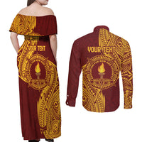 Personalised Tonga Beulah College Couples Matching Off Shoulder Maxi Dress and Long Sleeve Button Shirt Since 1938 Special Kupesi Pattern LT9 - Polynesian Pride