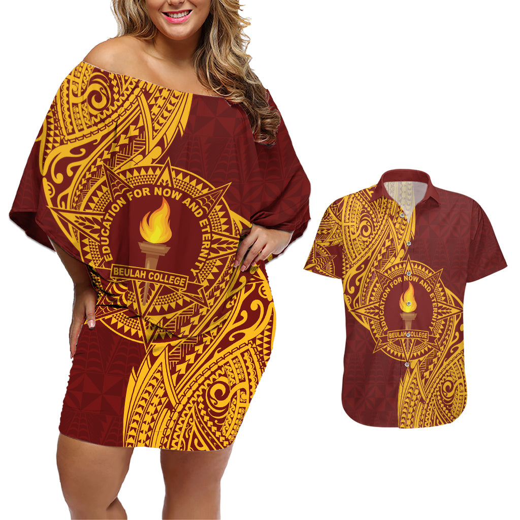 Personalised Tonga Beulah College Couples Matching Off Shoulder Short Dress and Hawaiian Shirt Since 1938 Special Kupesi Pattern LT9 Gold - Polynesian Pride