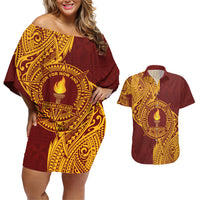 Personalised Tonga Beulah College Couples Matching Off Shoulder Short Dress and Hawaiian Shirt Since 1938 Special Kupesi Pattern LT9 Gold - Polynesian Pride