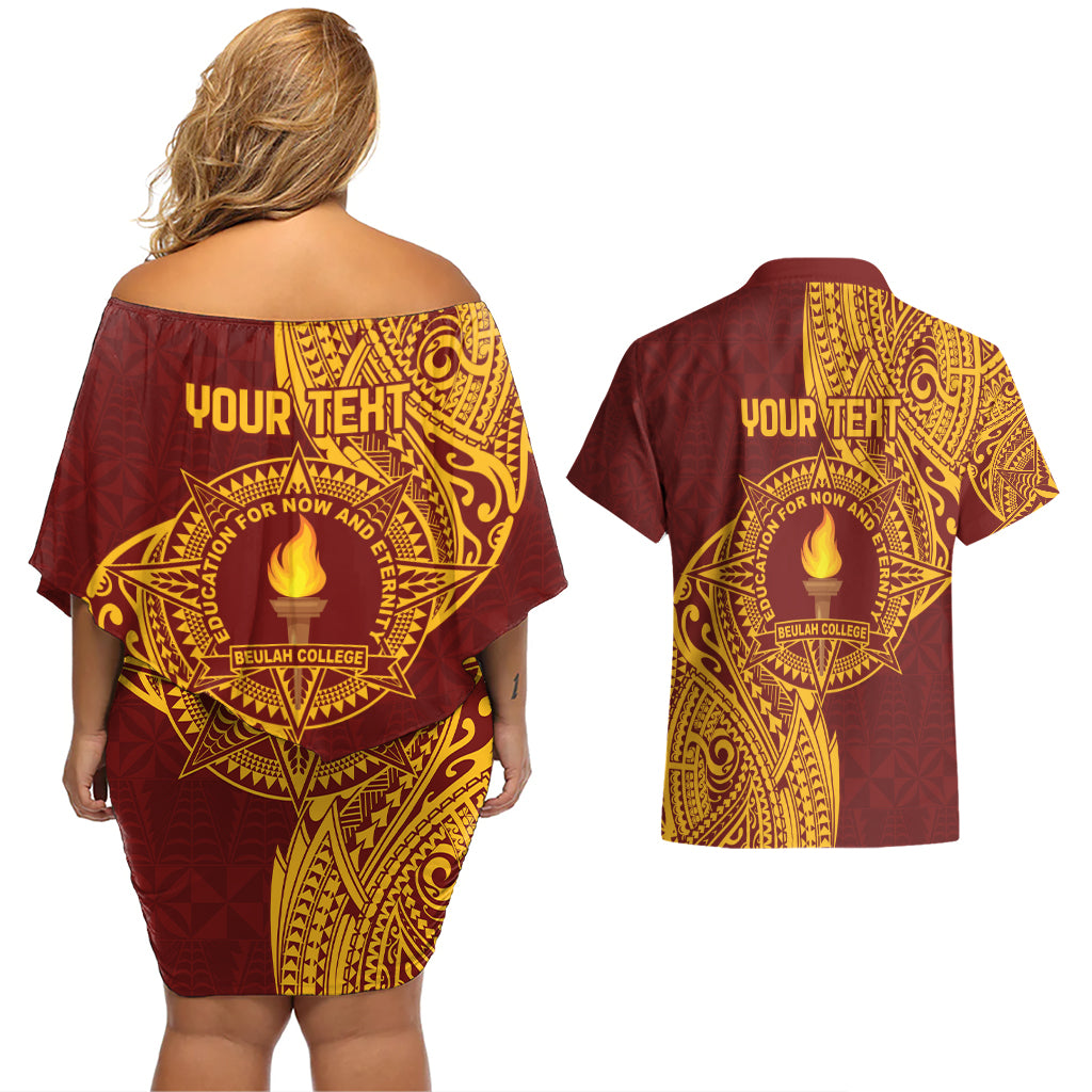 Personalised Tonga Beulah College Couples Matching Off Shoulder Short Dress and Hawaiian Shirt Since 1938 Special Kupesi Pattern LT9 - Polynesian Pride