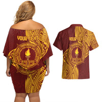 Personalised Tonga Beulah College Couples Matching Off Shoulder Short Dress and Hawaiian Shirt Since 1938 Special Kupesi Pattern LT9 - Polynesian Pride