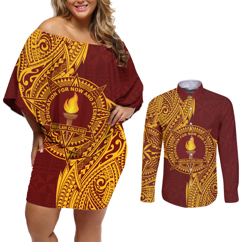Personalised Tonga Beulah College Couples Matching Off Shoulder Short Dress and Long Sleeve Button Shirt Since 1938 Special Kupesi Pattern LT9 Gold - Polynesian Pride