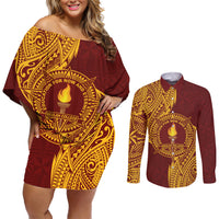 Personalised Tonga Beulah College Couples Matching Off Shoulder Short Dress and Long Sleeve Button Shirt Since 1938 Special Kupesi Pattern LT9 Gold - Polynesian Pride