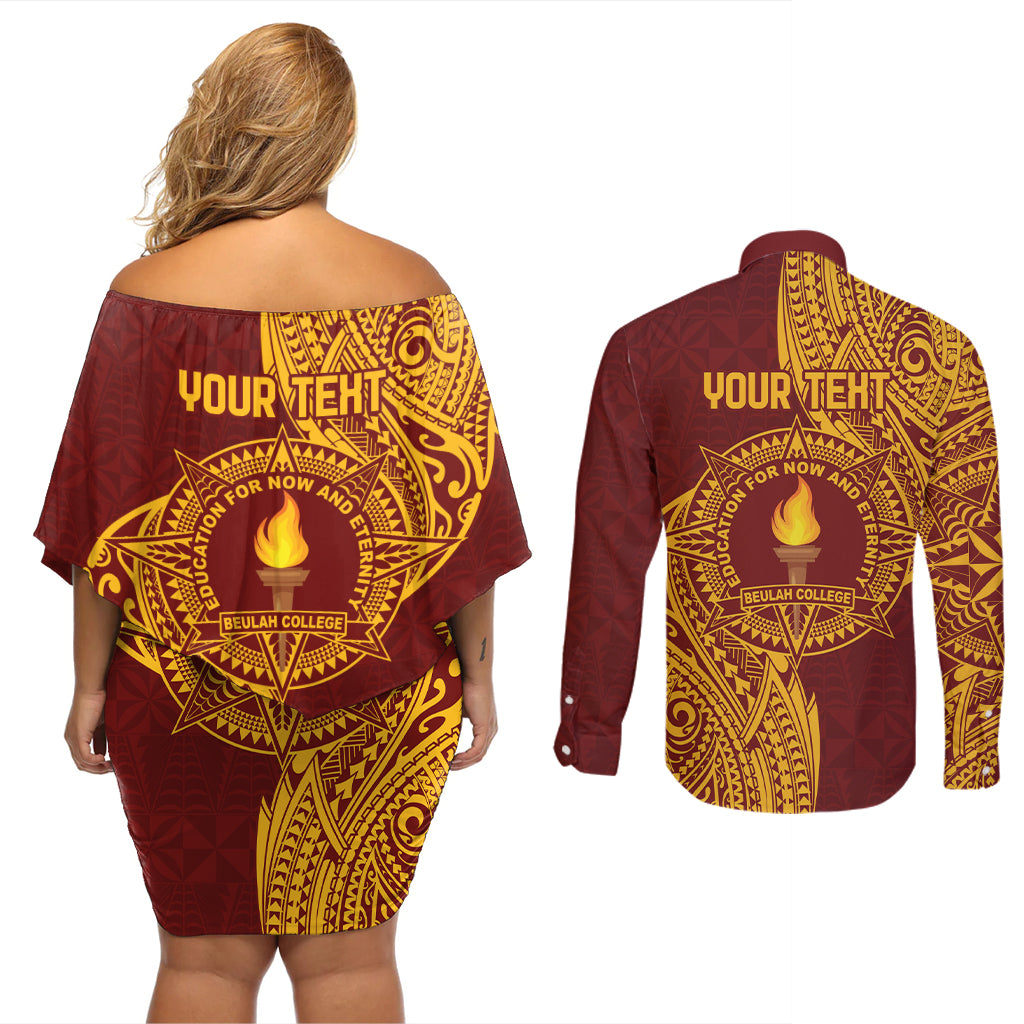 Personalised Tonga Beulah College Couples Matching Off Shoulder Short Dress and Long Sleeve Button Shirt Since 1938 Special Kupesi Pattern LT9 - Polynesian Pride