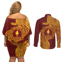 Personalised Tonga Beulah College Couples Matching Off Shoulder Short Dress and Long Sleeve Button Shirt Since 1938 Special Kupesi Pattern LT9 - Polynesian Pride