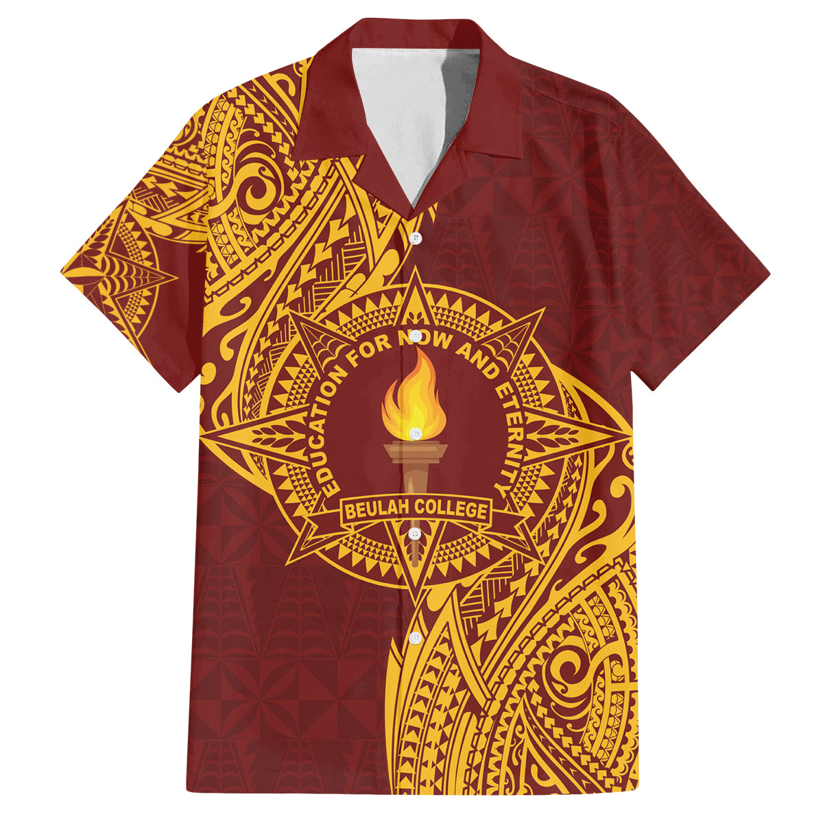 Personalised Tonga Beulah College Family Matching Off The Shoulder Long Sleeve Dress and Hawaiian Shirt Since 1938 Special Kupesi Pattern LT9 Dad's Shirt - Short Sleeve Gold - Polynesian Pride