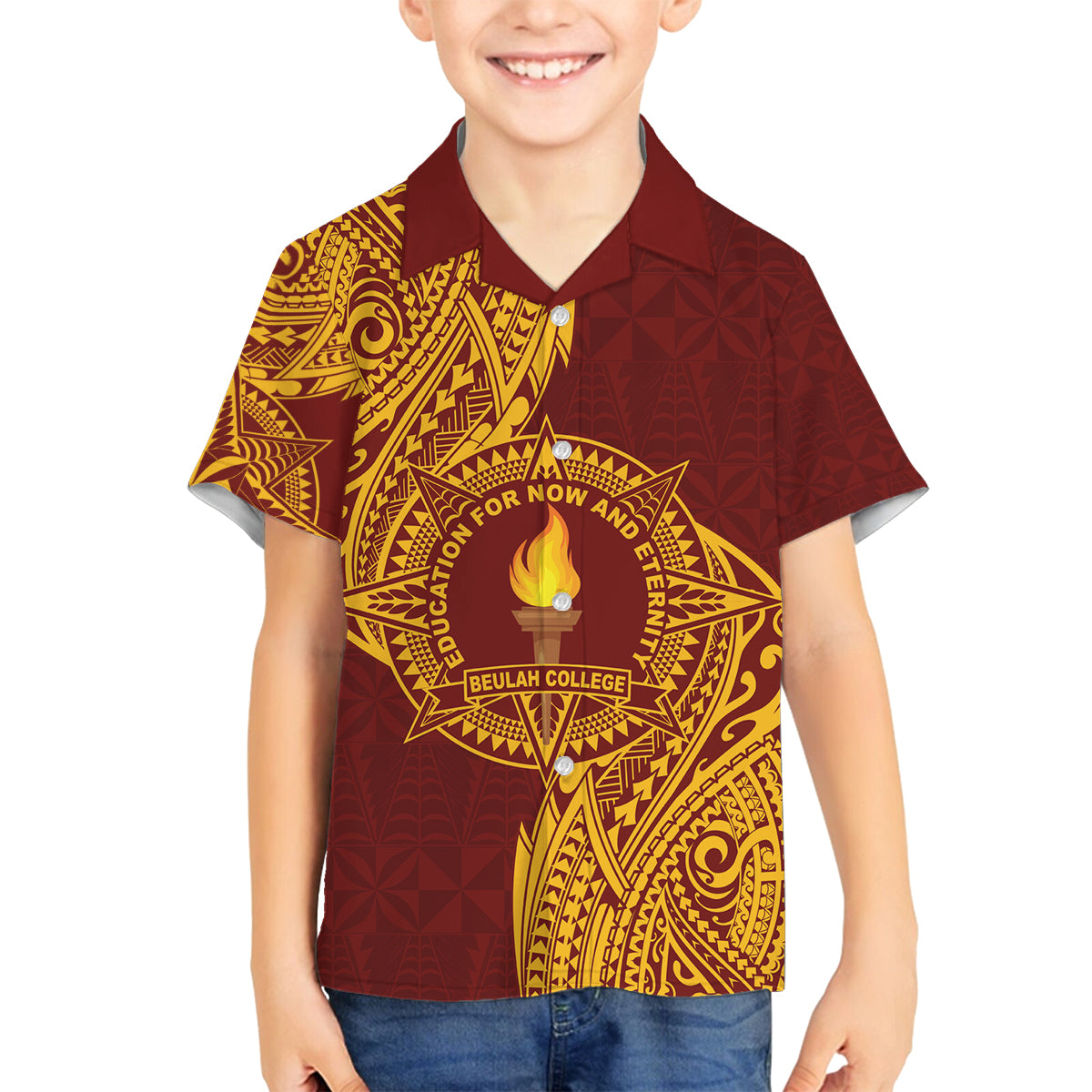 Personalised Tonga Beulah College Family Matching Off The Shoulder Long Sleeve Dress and Hawaiian Shirt Since 1938 Special Kupesi Pattern LT9 Son's Shirt Gold - Polynesian Pride