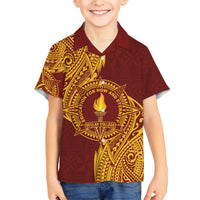 Personalised Tonga Beulah College Family Matching Off Shoulder Maxi Dress and Hawaiian Shirt Since 1938 Special Kupesi Pattern LT9 Son's Shirt Gold - Polynesian Pride
