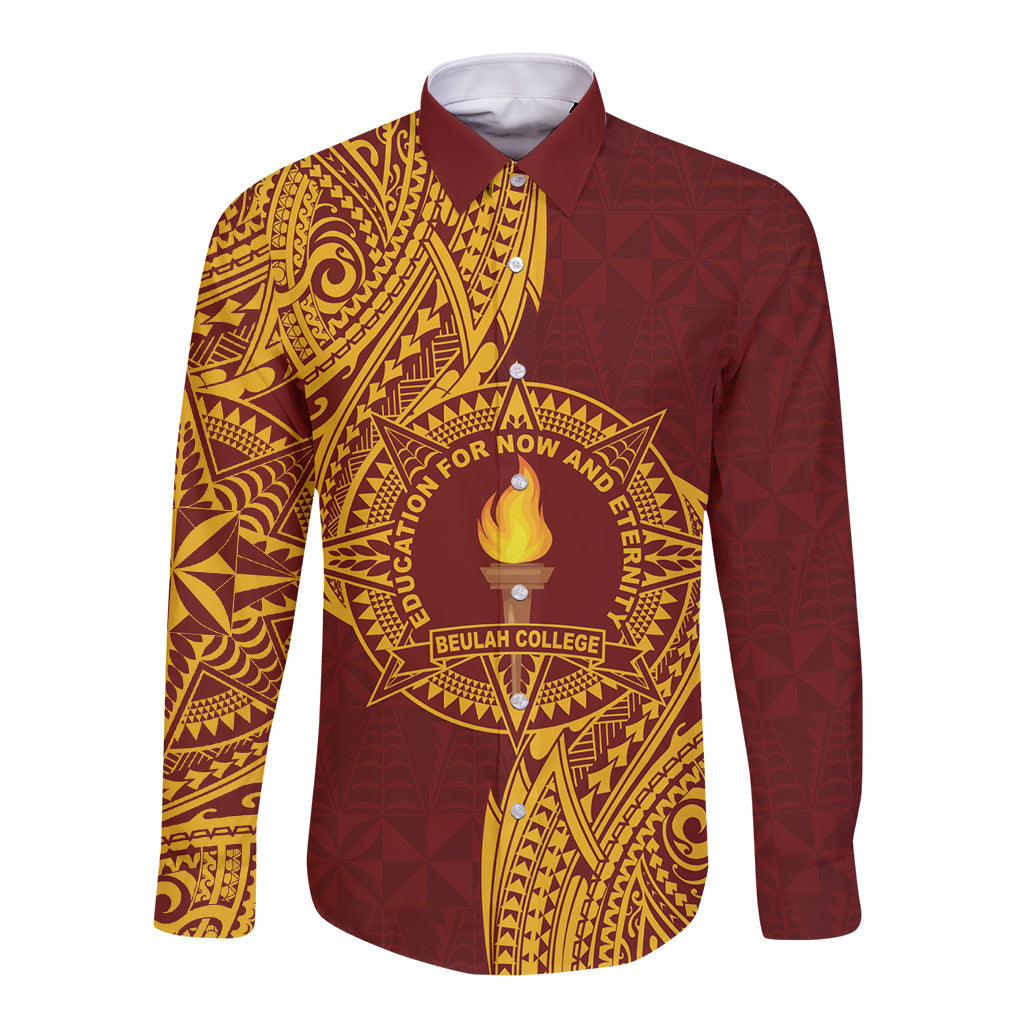 Personalised Tonga Beulah College Long Sleeve Button Shirt Since 1938 Special Kupesi Pattern LT9 Unisex Gold - Polynesian Pride