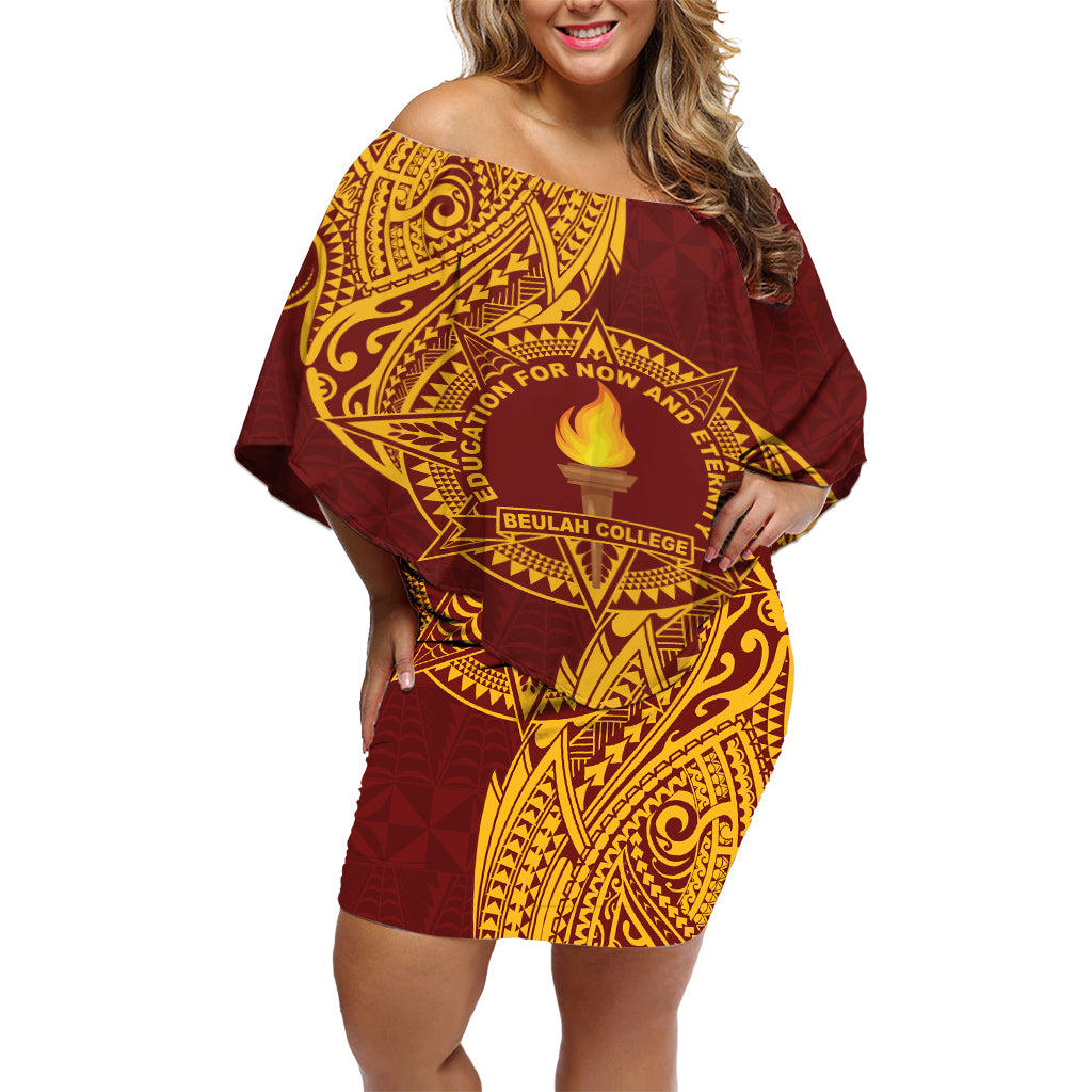 Personalised Tonga Beulah College Off Shoulder Short Dress Since 1938 Special Kupesi Pattern LT9 Women Gold - Polynesian Pride