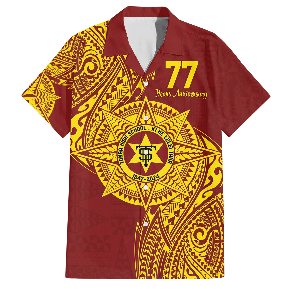Personalised Tonga High School 77th Anniversary Family Matching Off The Shoulder Long Sleeve Dress and Hawaiian Shirt Special Kupesi Pattern LT9 Dad's Shirt - Short Sleeve Gold - Polynesian Pride