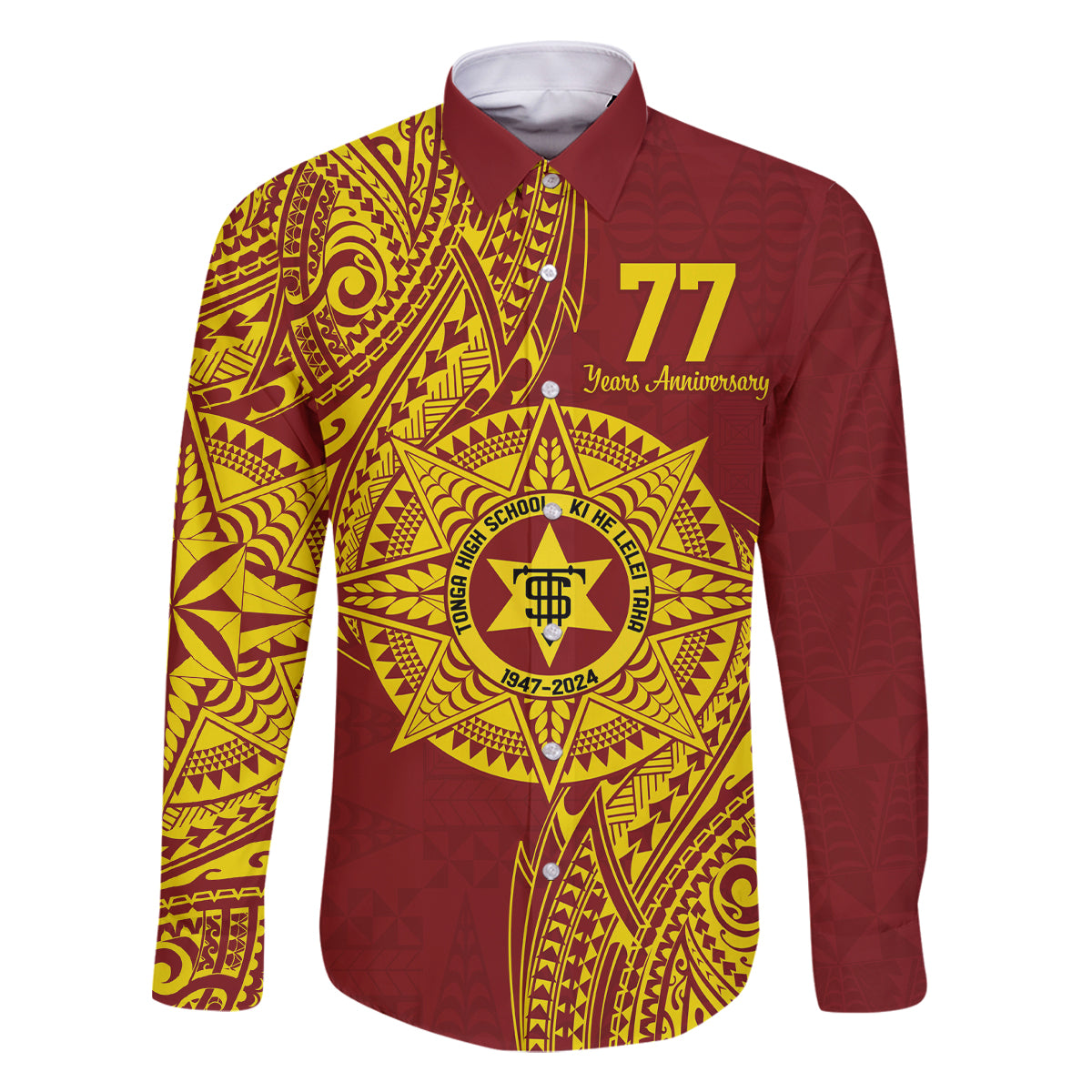 Personalised Tonga High School 77th Anniversary Family Matching Off The Shoulder Long Sleeve Dress and Hawaiian Shirt Special Kupesi Pattern LT9 Dad's Shirt - Long Sleeve Gold - Polynesian Pride