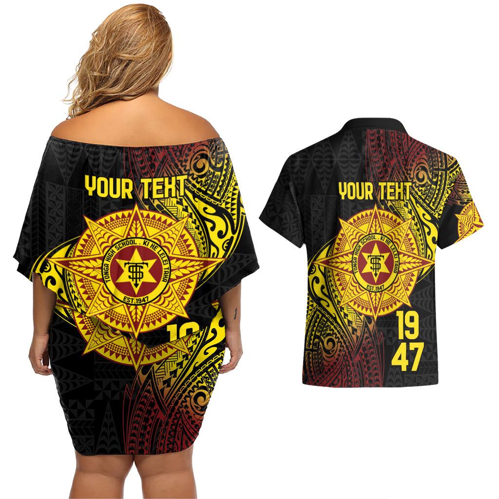 Personalised Tonga High School Couples Matching Off Shoulder Short Dress and Hawaiian Shirt Since 1947 Special Kupesi Pattern