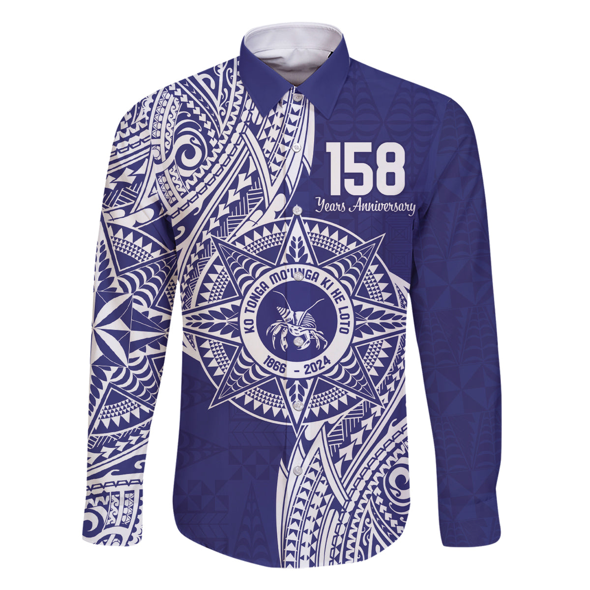Personalised Tonga Tupou College Tolo 158th Anniversary Family Matching Off The Shoulder Long Sleeve Dress and Hawaiian Shirt Special Kupesi Pattern LT9 Dad's Shirt - Long Sleeve Blue - Polynesian Pride