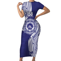 Personalised Tonga Tupou College Tolo 158th Anniversary Short Sleeve Bodycon Dress Special Kupesi Pattern LT9 Long Dress Blue - Polynesian Pride