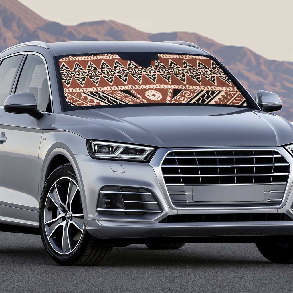 Vintage Bula Fiji Auto Sun Shade Brown Tapa Masi Motif - Polynesian Pride