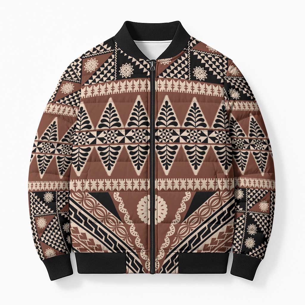 Vintage Bula Fiji Bomber Puffer Jacket Brown Tapa Masi Motif LT9 Unisex Brown - Polynesian Pride