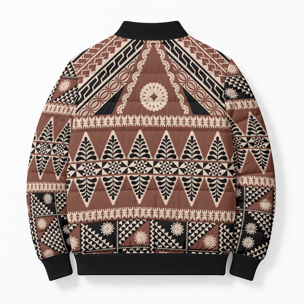 Vintage Bula Fiji Bomber Puffer Jacket Brown Tapa Masi Motif LT9 - Polynesian Pride