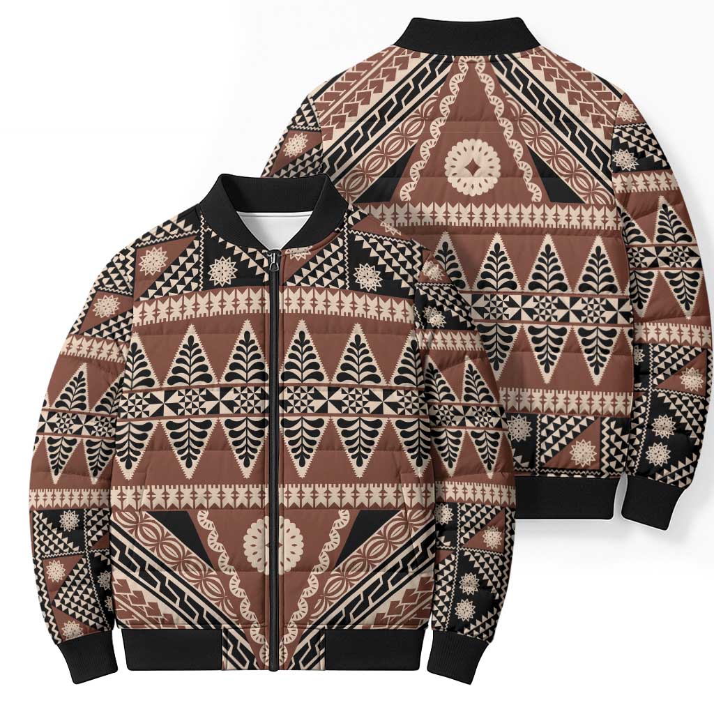 Vintage Bula Fiji Bomber Puffer Jacket Brown Tapa Masi Motif LT9 - Polynesian Pride