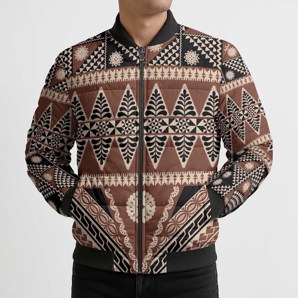 Vintage Bula Fiji Bomber Puffer Jacket Brown Tapa Masi Motif LT9 - Polynesian Pride