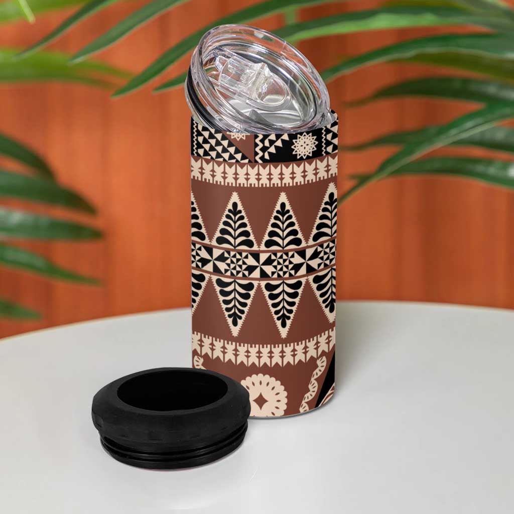Vintage Bula Fiji 4 in 1 Can Cooler Tumbler Brown Tapa Masi Motif